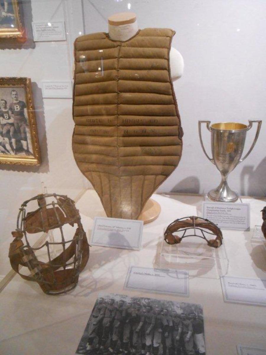 Some of the early sports equipment on display at the New York State Military Museum in Saratoga Springs, N.Y.