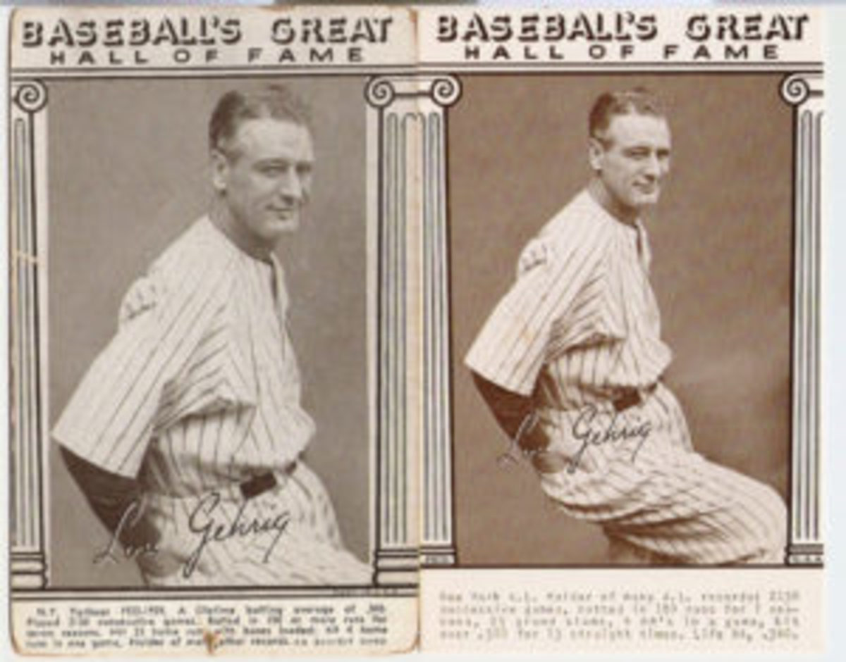  Baseball’s Great Hall of Fame cards were issued in 1948, but then issued again in 1974 and 1977 by ESCO on white cardboard. Gehrig’s 1977 card on the right was cropped differently.