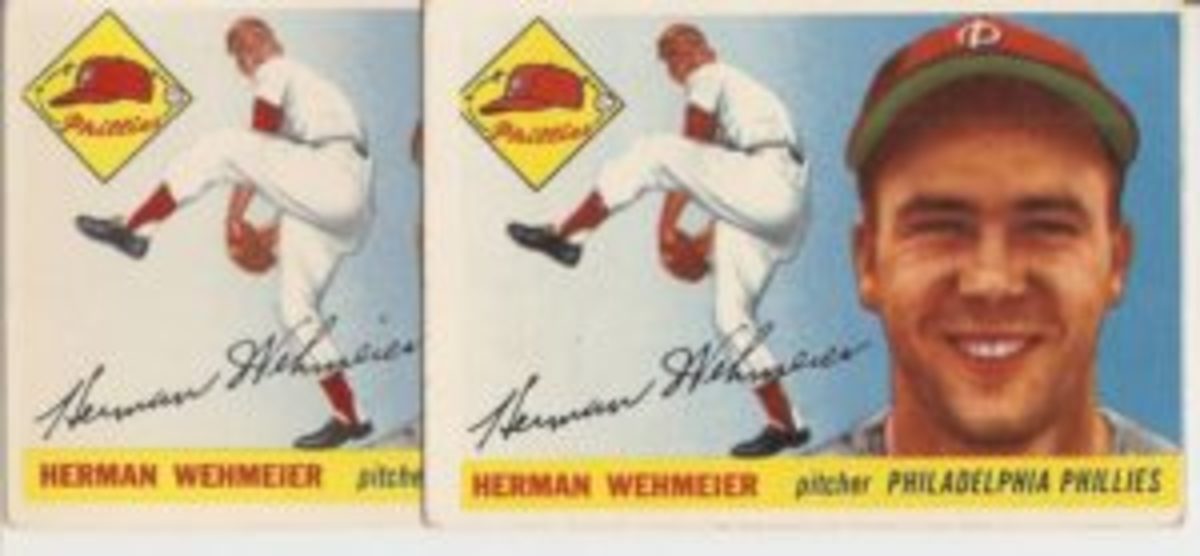  The Wehmeier card on the right, with a missing dot over the “i” in his signature and an asterisk next to his lifetime stats on the back, also has a logo on the front that is slightly cut off on the left side.