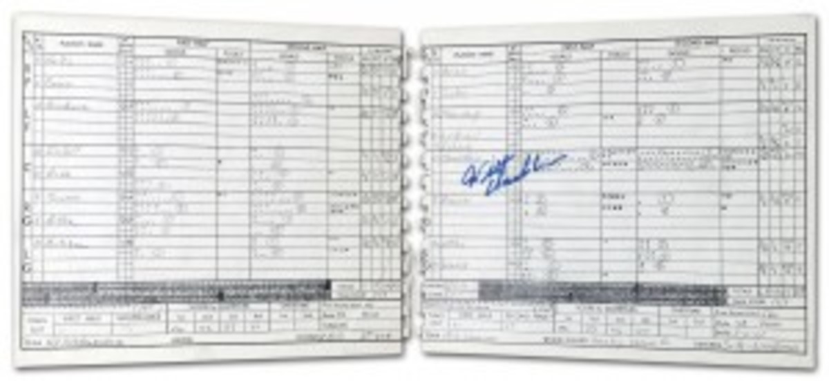 1962 Philadelphia Warriors vs. NY Knicks official scorer’s score sheet with original program and press ticket from Wilt Chamberlain’s 100-point game, $108,000. Grey Flannel Auctions image.