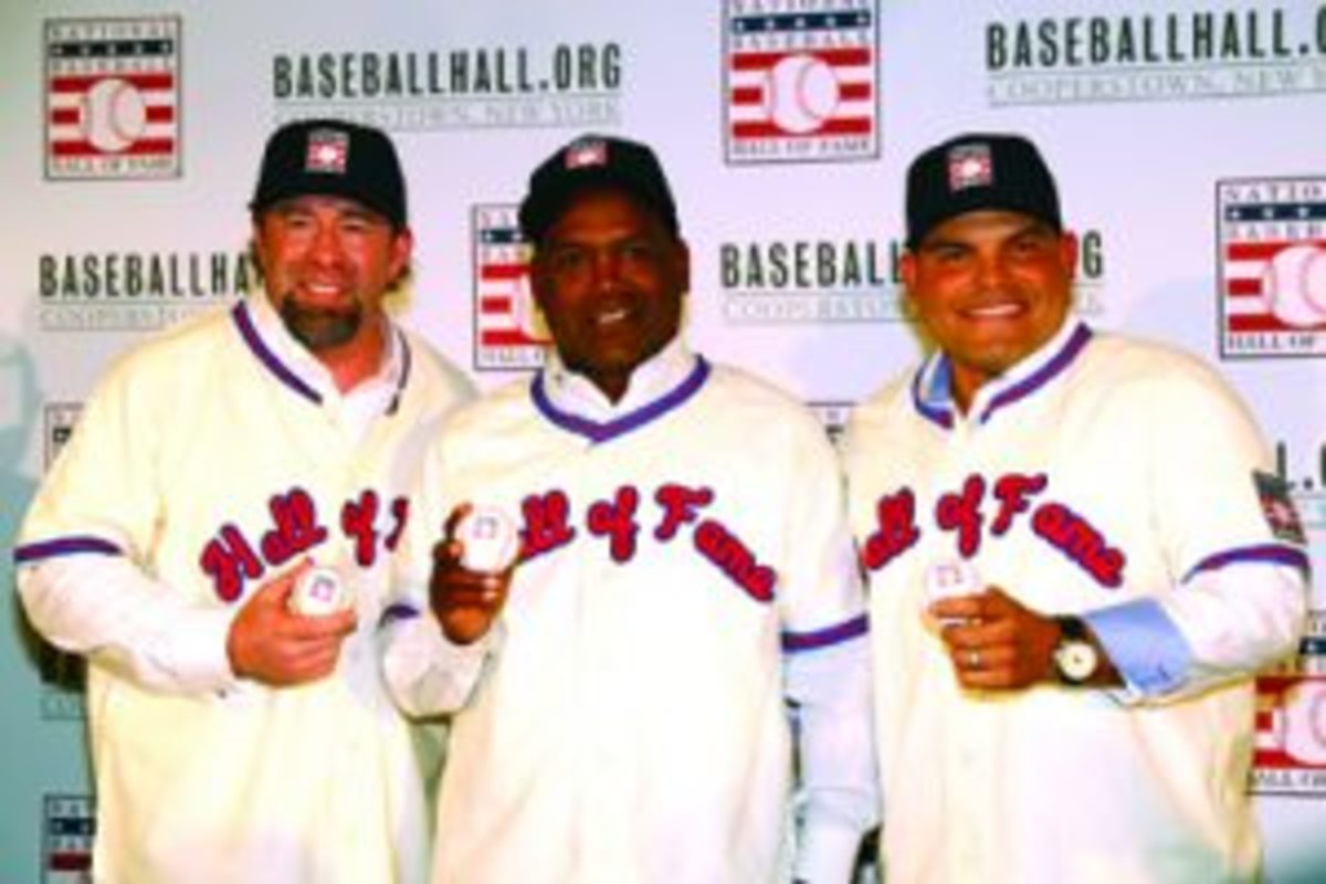 NEW YORK, NY - JANUARY 19: (L-R) Inductees Jeff Bagwell, Tim Raines, and Ivan Rodriguez look on during the 2017 Baseball Hall of Fame press conference on Thursday, January 19, 2017 at the St. Regis Hotel in New York City. (Photo by Alex Trautwig/MLB Photos via Getty Images)