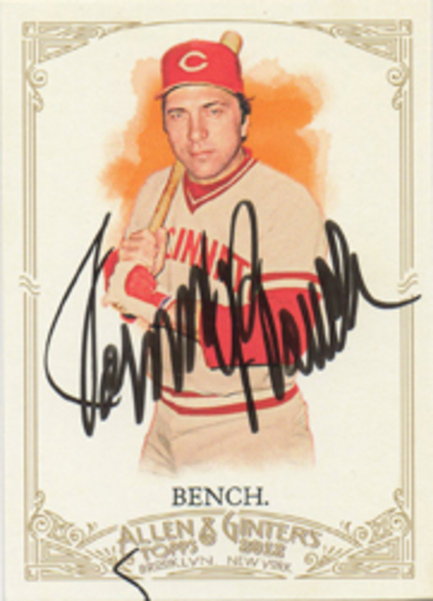 Johnny Bench was his usual crabby self, but he did sign this Allen & Ginter card, while also leaving an inadvertent mark along the bottom. 