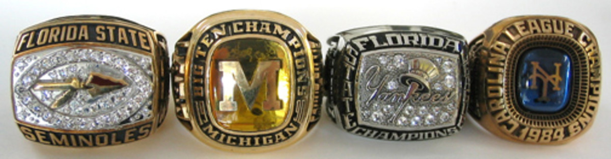 Pictured is a selection of low-cost college and minor league rings. 