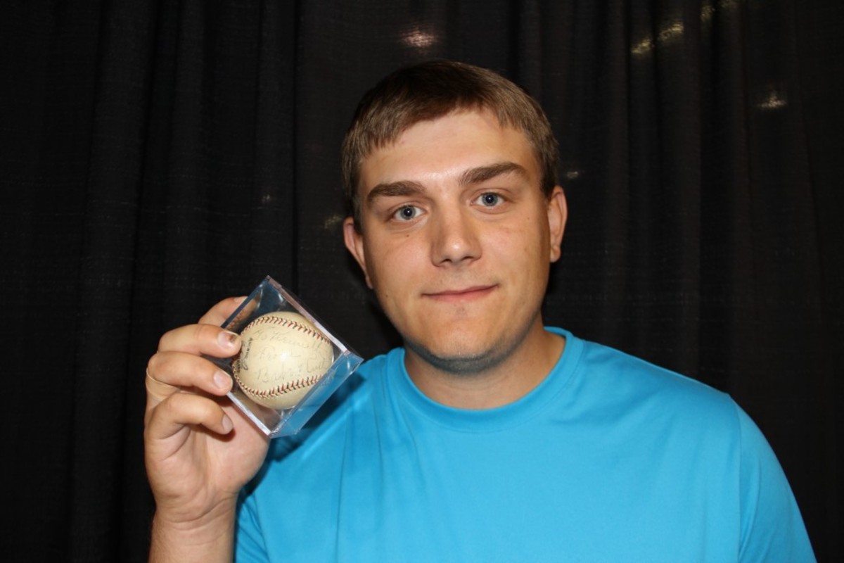 Nick Shubat shows off his Babe Ruth signed ball he won during a group break with Firehand Cards. Photos courtesy of Ross Forman.