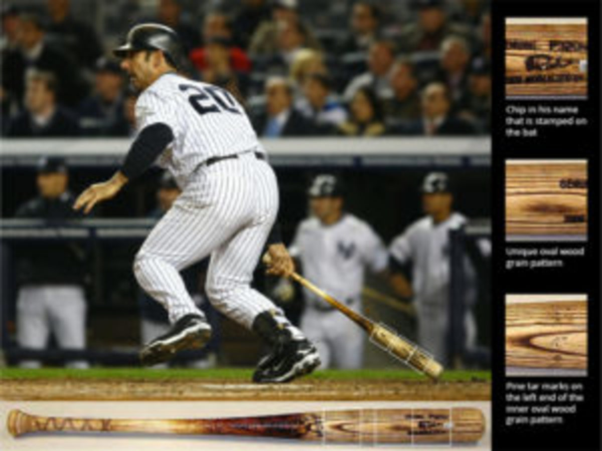  A photo-matched bat example includes this shot of Yankees catcher Jorge Posada hitting a pinch-hit RBI single in Game 2 of the 2009 World Series. (Images courtesy PSA)
