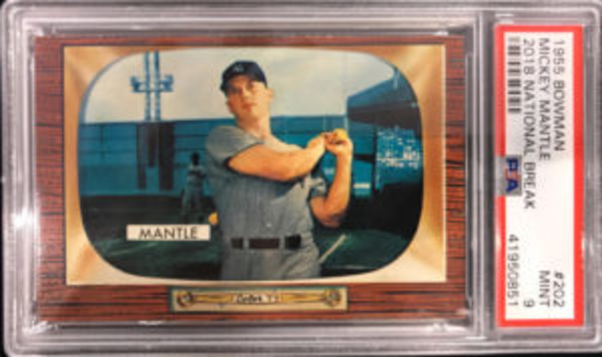  The National Sports Collectors Convention was rocked when this 1955 Bowman Mickey Mantle card was unearthed during a pack break hosted by VintageBreaks.com. (Image courtesy of VintageBreaks.com)
