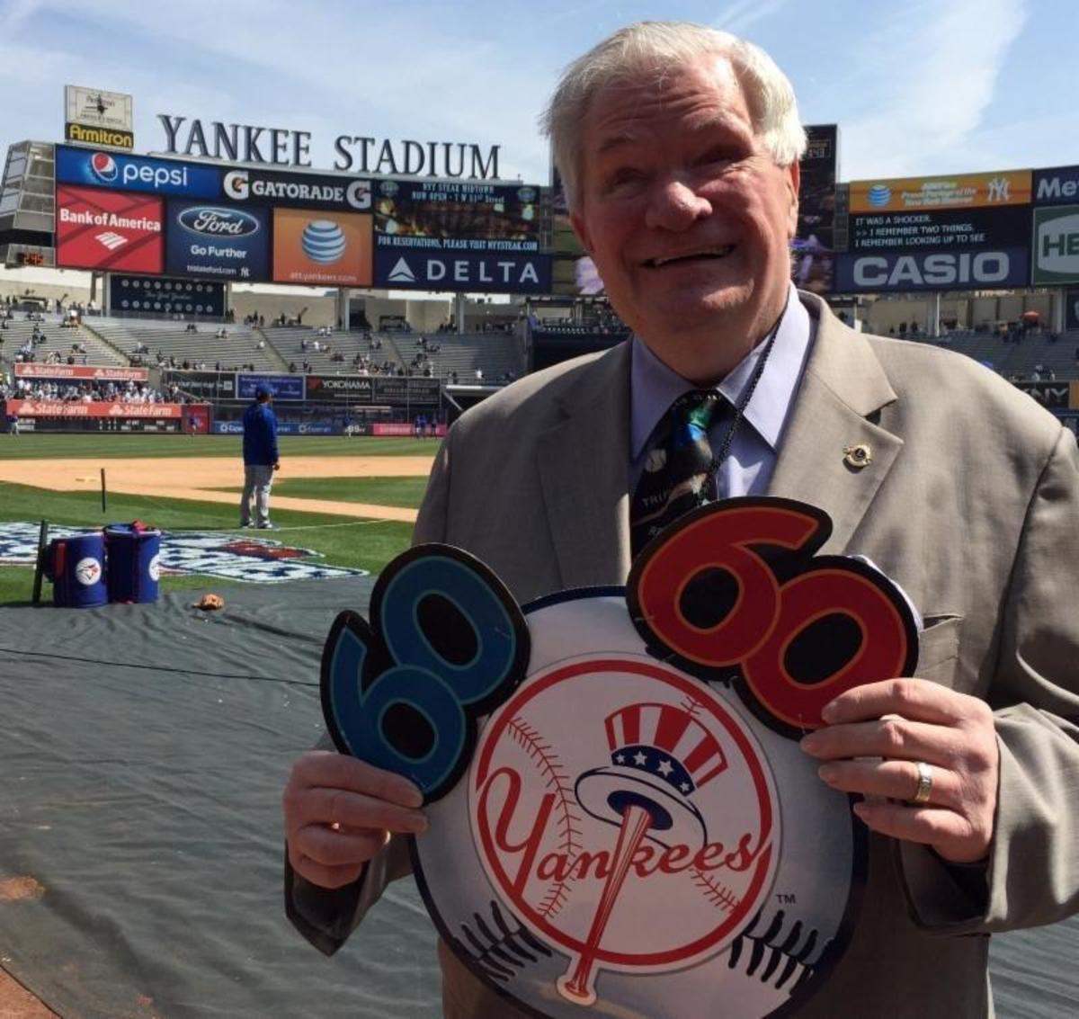 Ed Lucas celebrates his 60th Yankees home opener in 2015. 