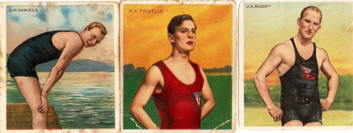 Swimmers favored the full suit look. The T218 set was big on Olympic sports, thanks to the 1908 London Games. 