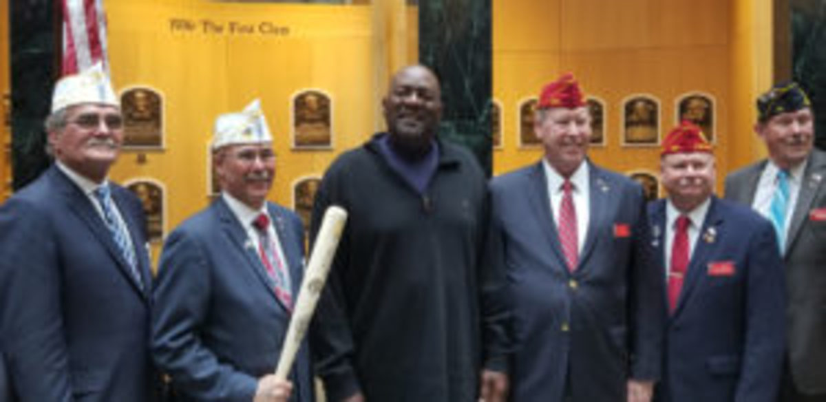  Baseball Hall of Fame pitcher Lee Smith (center) was on hand in Cooperstown when the American Legion’s 100th anniversary and its contributions to youth baseball were celebrated. (Paul Post photos)