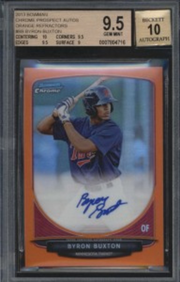 Byron Buxton cards are on many collectors’ radars. This Bowman Chrome orange refractor brought $1,500 online. 