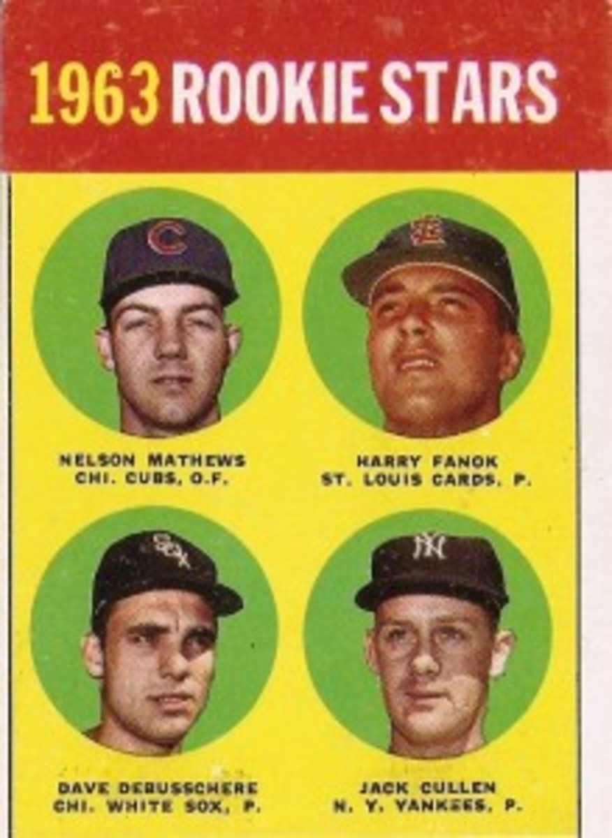 This combination card of four rookies in the first series didn’t have any text and wouldn’t have come across Brown’s desk. The original print run had a heading of 1962 Rookies and was changed to 1963 when the error was noticed. Since the first series of 1963 cards were designed in late 1962, it would have been understandable to mislabel them 1962 Rookies, although they got the dates right in all other years.