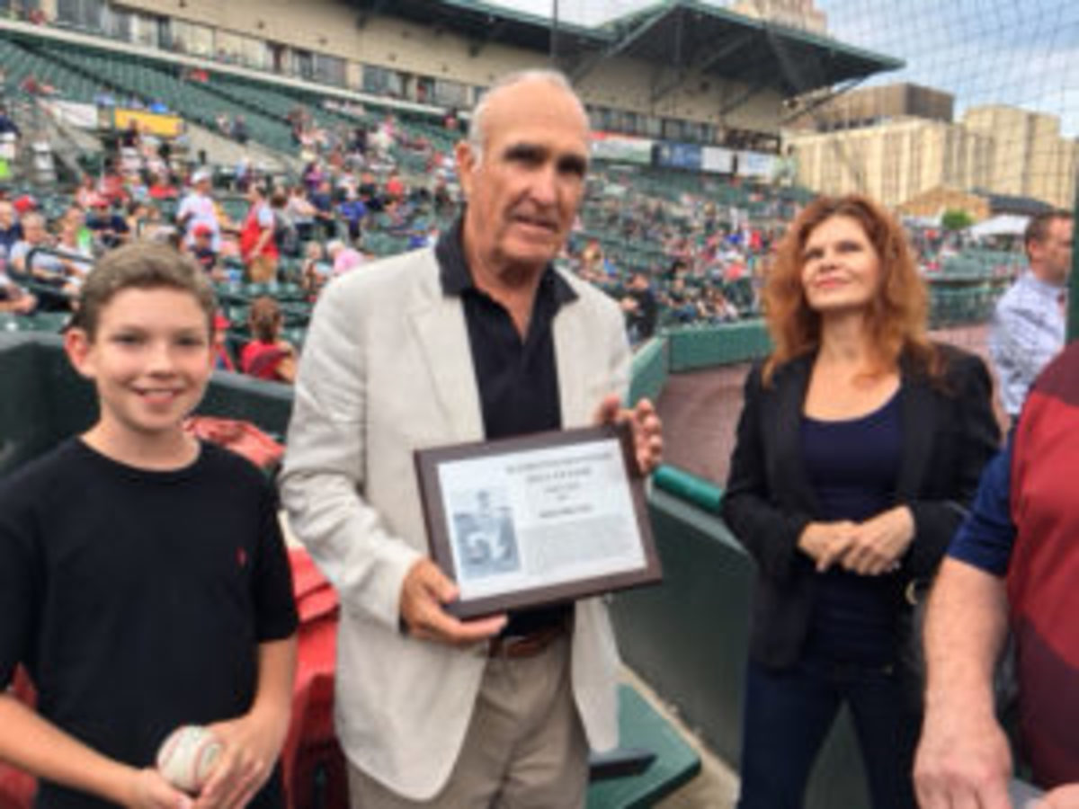  Ron Shelton holds up a plaque after being inducted in the Rochester Red Wings Hall of Fame on July 7, 2017. (Scott Pitoniak photo)