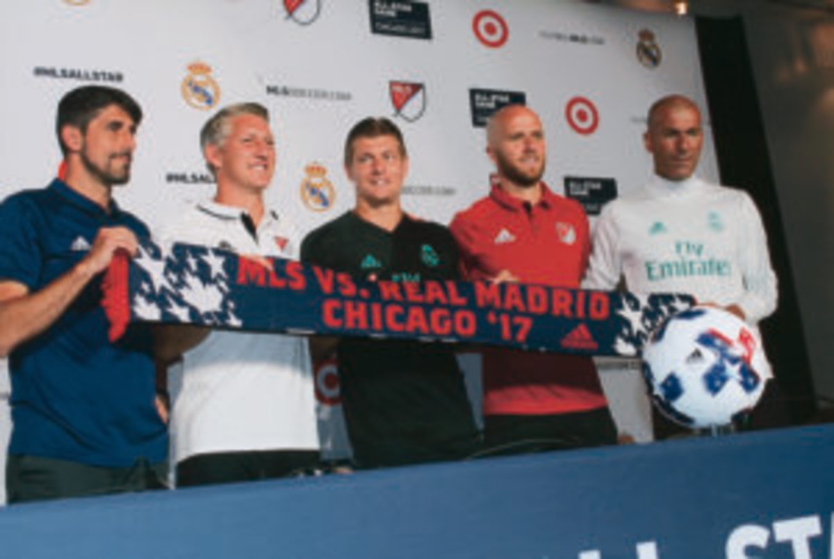  A Major League Soccer press conference on Training Day included (L to R) MLS Head Coach Veljko Paunovic, MLS All Star Bastian Schweinsteiger, Real Madrid player Toni Kroos, MLS All Star Michael Bradley and Real Madrid Manager Zinedine Zidawe. (Rick Firfer photos)