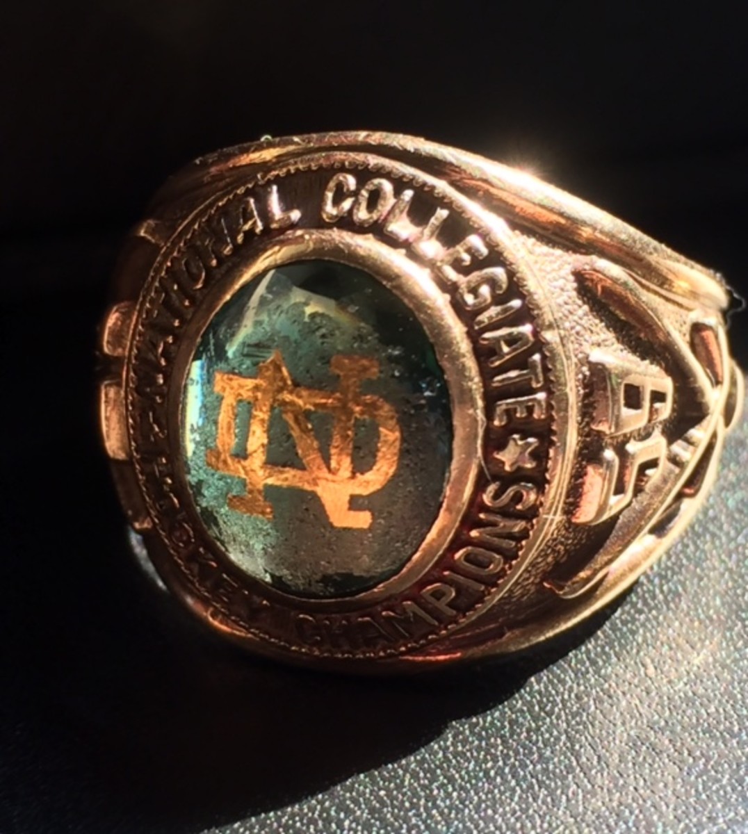 Former University of North Dakota hockey player Guy E. LaFrance still had his championship ring from 1959. He scored the overtime, game-winning goal against St. Lawrence in the semifinals in Troy, N.Y. 