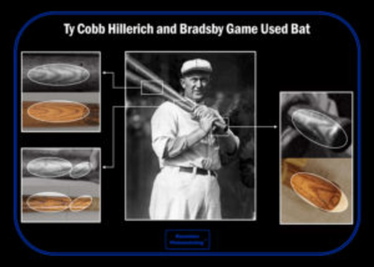  Side-by-side comparisons of a Ty Cobb bat that was photo matched to an image featuring Cobb while he played for the Philadelphia A’s. (Images courtesy Resolution Photomatching)