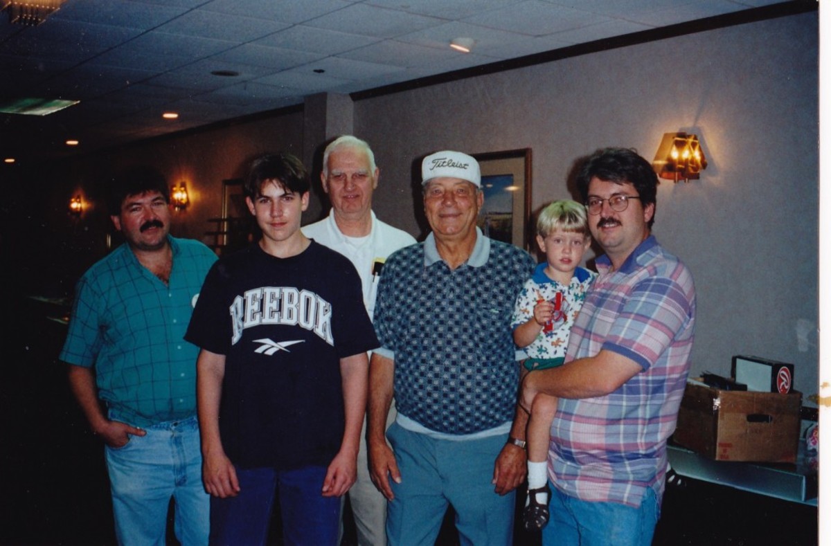 From August 1999 at the Boston-Peabody Classic with guest Johnny Podres. Front left to right: David Hall, son Jacob, Walter Hall, Johnny Podres, Joel Hall holding son Christopher.