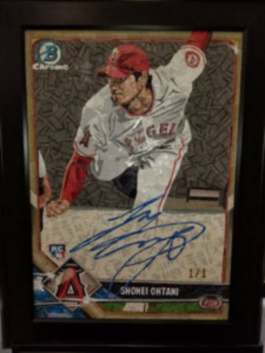  An artwork piece depicting a card of Shohei Ohtani made from baseball cards.