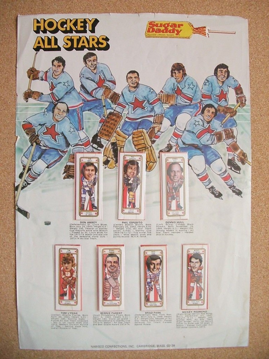 Here is one of the 1975 Sugar Daddy hockey posters with the cards on it. Photo courtesy of Columbia City Collectibles. 