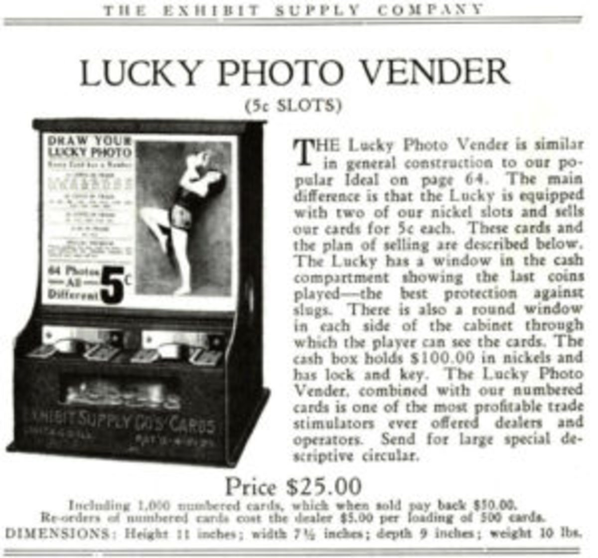  A page from ESCO’s 1930 catalog describe the card vending machines and the potential profit to arcade operators. Prizes and coupons skirted the issue of gambling. (Photos Adam Warshaw.)