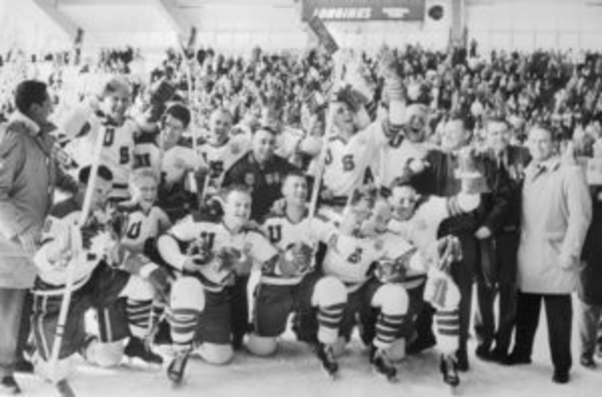  A jubilant U.S. hockey team poses for a photo after defeating Czechoslovakia 9-4 to give the United States its first gold medal on the ice in the Olympics. (Photo courtesy Getty Images - Bettmann / Contributor)