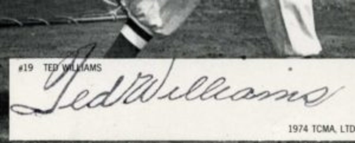  An example of a Ted Williams signature in which a rubber stamp was used to satisfy mail requests in the 1960s.