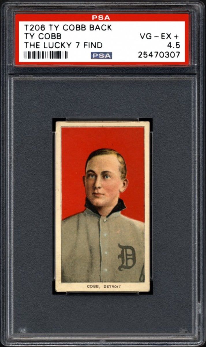 The front and back of the finest known T206 Ty Cobb with Ty Cobb back, one of the recently discovered “The Lucky 7 Find” cards authenticated by PSA. Photo credit: Professional Sports Authenticator.