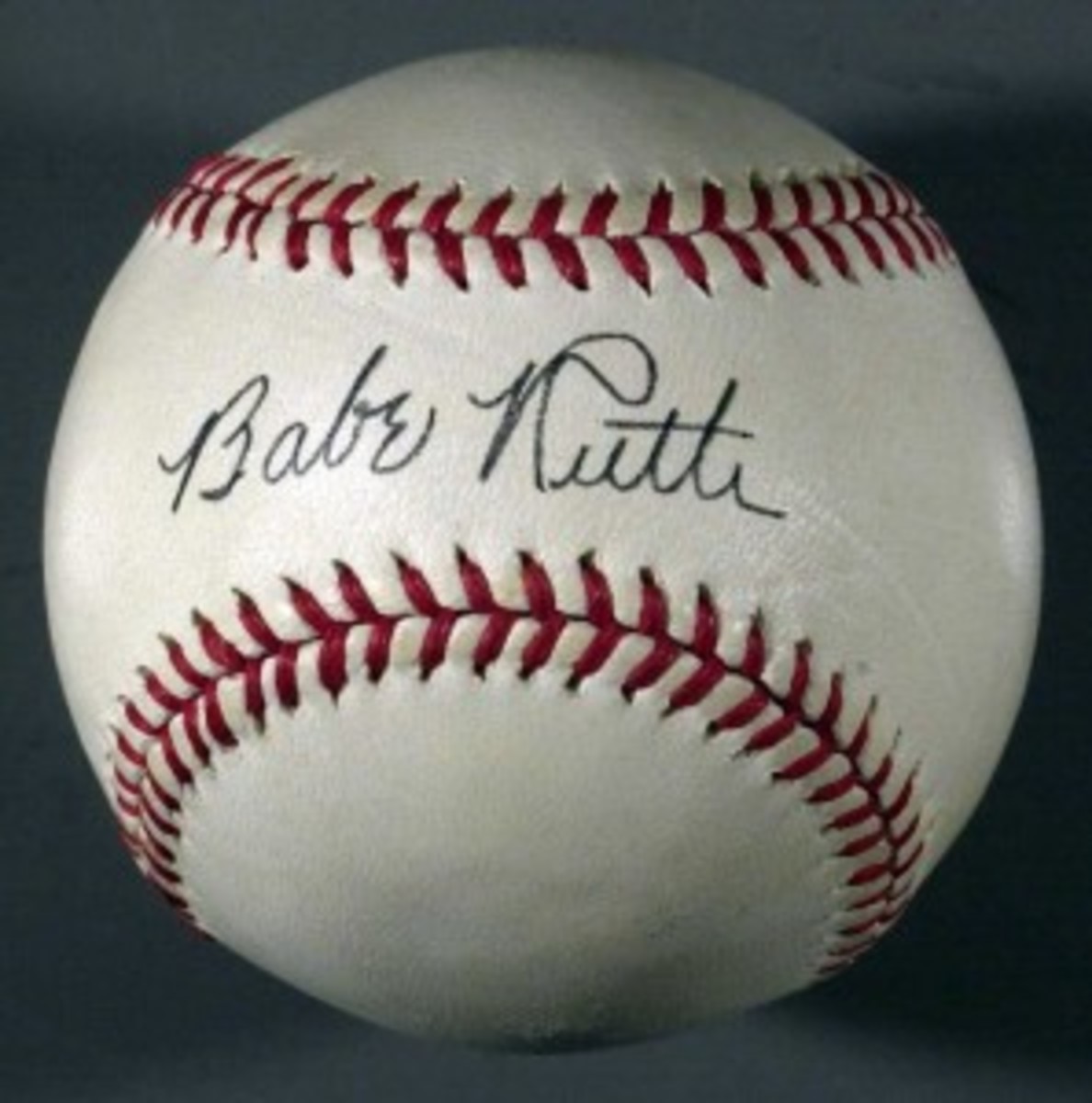 A fake Babe Ruth baseball, signed on the sweet spot.