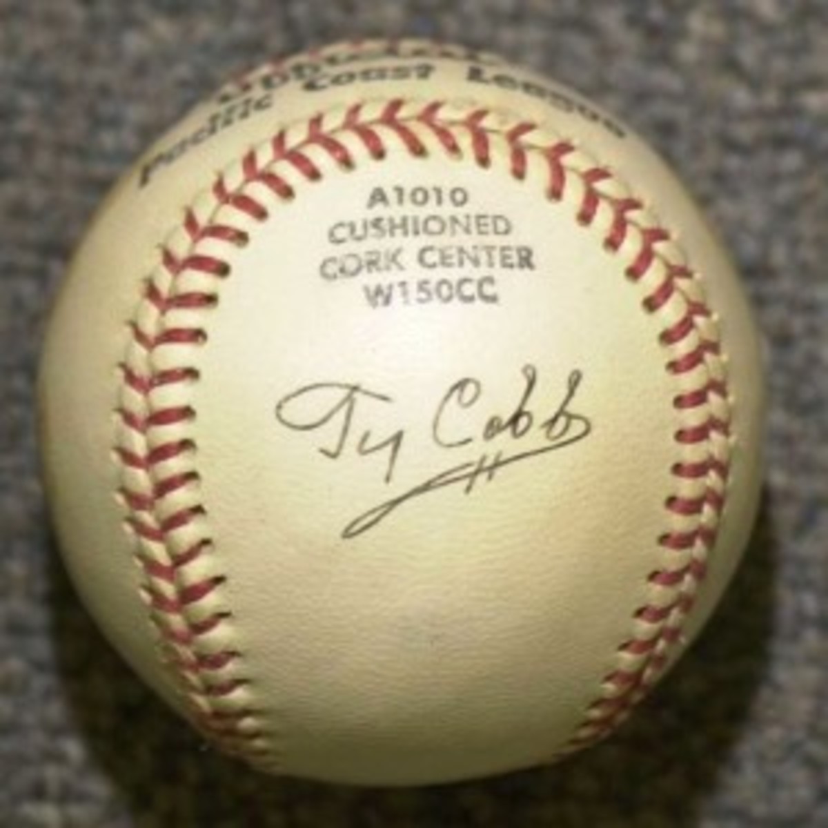 This forgery of Ty Cobb appeared on an old Pacific Coast League baseball.