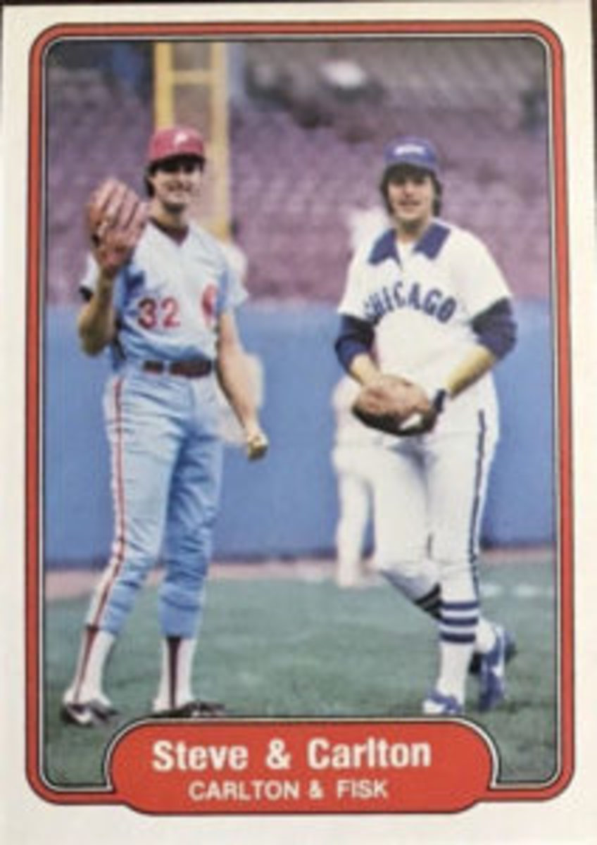  Hall of Famers Steve Carlton (left) and Carlton Fisk (right) were featured on this 1982 Fleer trading card wearing uniforms that helped define the history of uniforms.