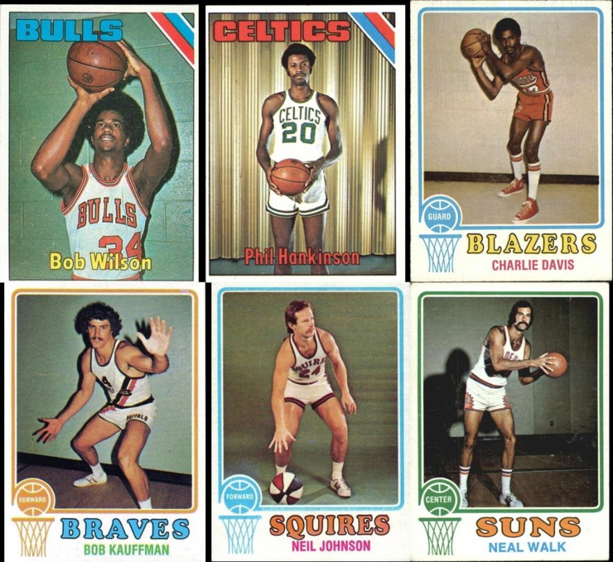 An NBA player who liked to shoot rather than pass was once described as taking shots as he came out of the locker room. Bob Wilson appears to be shooting from the locker room. Other players wind up in odd poses and backgrounds that Jacobs described as the “bathroom photos.”