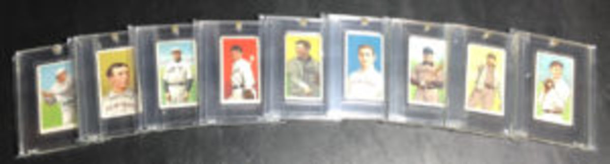  Some of the vintage baseball cards in John Mangini’s collection.