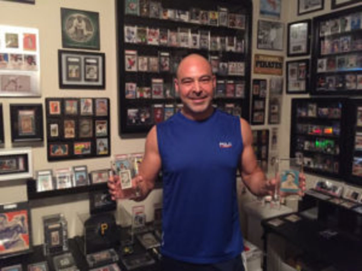  John Mangini with a sampling of the sports cards and memorabilia collection he has assembled in a special room in his house. (Photos courtesy John Mangini)