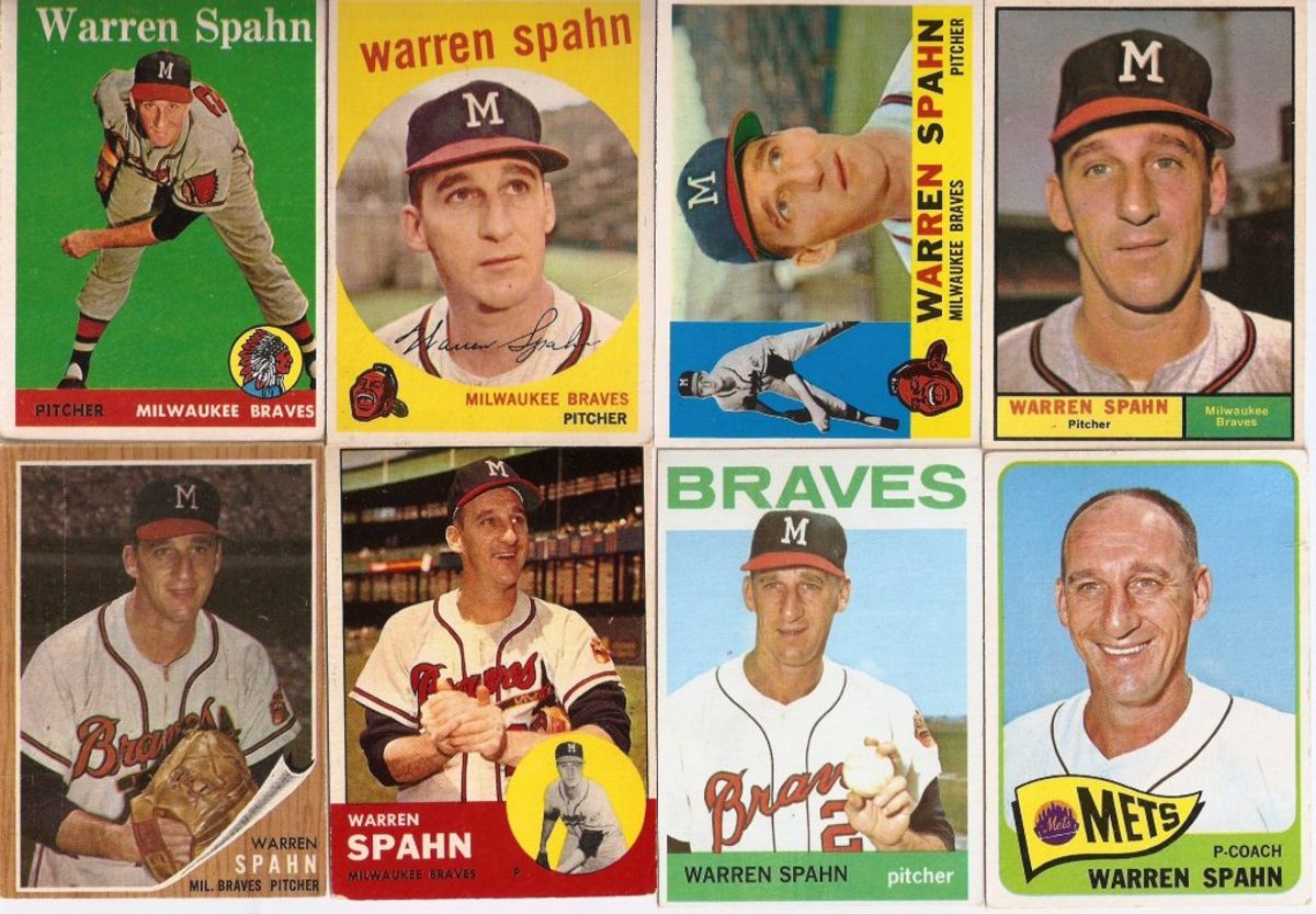Spahn’s 1953 card was painted before the Braves moved from Boston to Milwaukee in 1953. The three horizontal cards (’55, ’56 and ’60) included two images. In 1964, Spahn hit the last of his 35 career home runs. He never showed much hair, even with his hat off in 1965. He felt that the three years in the Army not pitching helped prolong his career.
