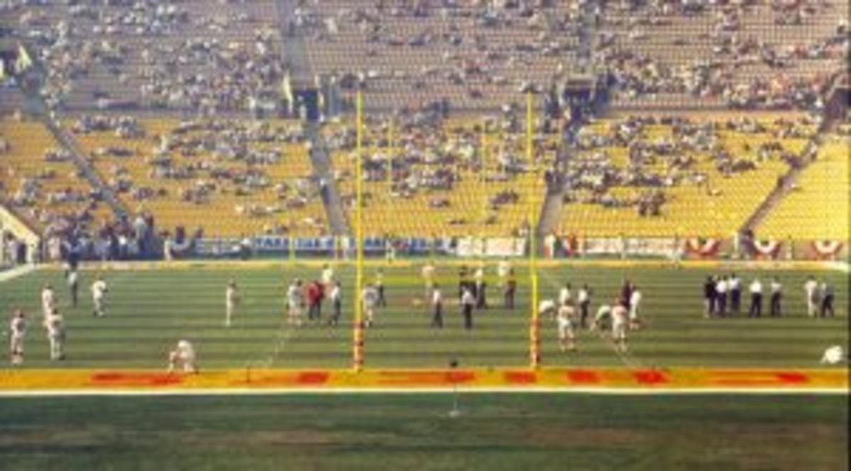View from the end zone in the Super Bowl I of the Green Bay Packers against the Kansas City Chiefs at the Memorial Coliseum in Los Angeles, California on January 15, 1967. (Photo by James Flores/WireImage.com/Kansas City Chiefs)