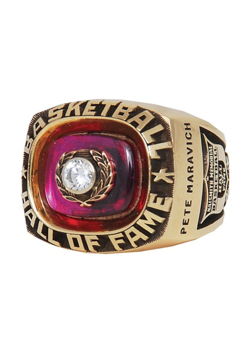 1987 ‘Pistol’ Pete Maravich Hall of Fame Induction ring, $88,826. Grey Flannel Auctions image.