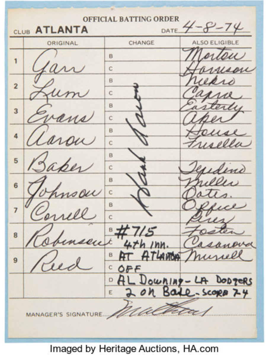 1974 Hank Aaron 715th HR batting order card