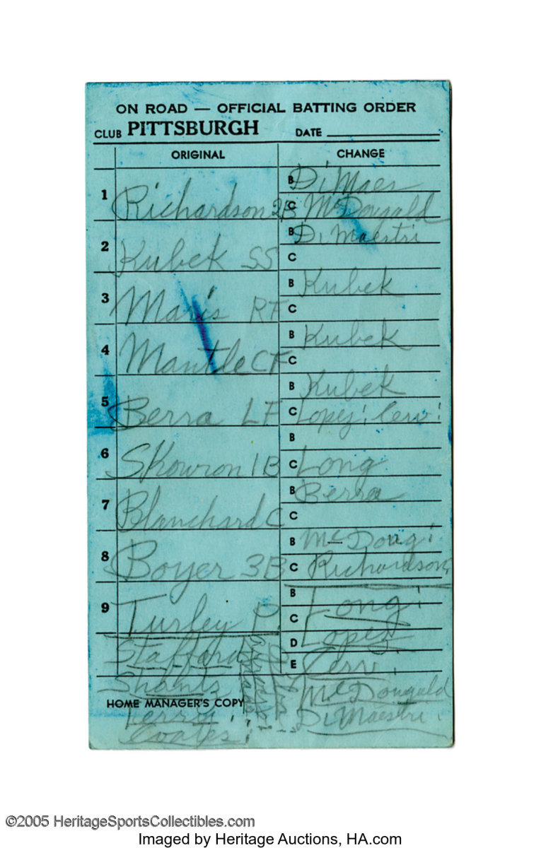Casey Stengel's lineup card from Game 7 of the 1960 World Series.