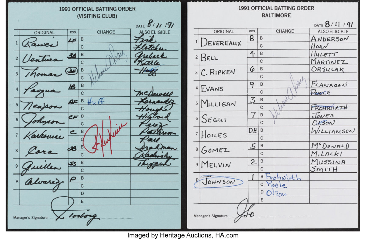 1991 Wilson Alvarez no-hitter batting order cards