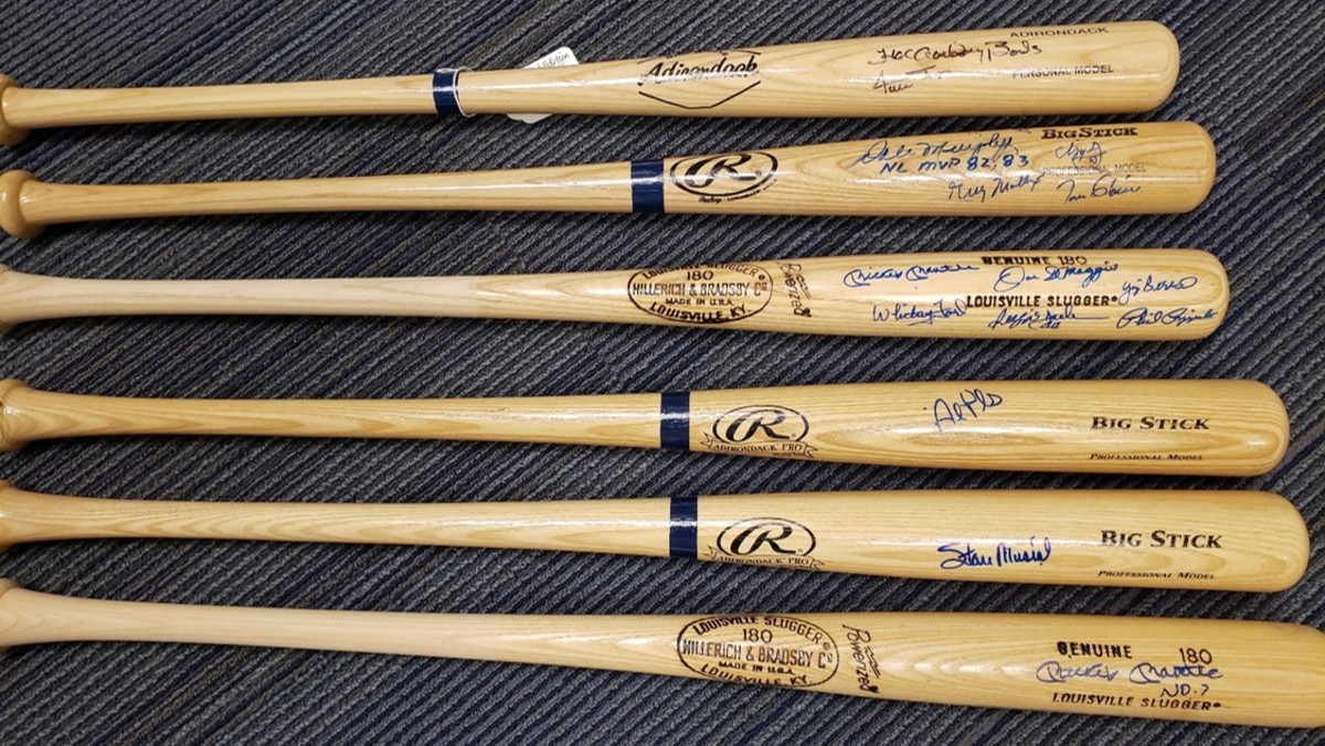Forged autographed baseball bats seized during the John Rogers Investigation. They included Stan Musial, Mickey Mantle, Albert Pujols and Willie Mays. The forged signatures were removed from over 500 of these bats and the bats were donated to youth baseball organizations in Chicago and Little Rock, Ark., at the conclusion of the case. This was featured in an FBI.gov production titled “Community Outreach Home Run.” Photo: FBI