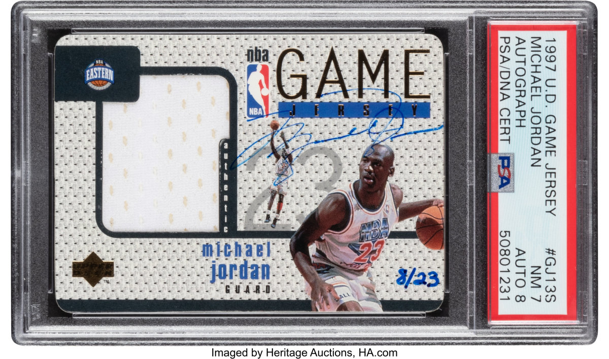 1997_Upper_Deck_Game_Jersey_Michael_Jordan_Autograph_GJ13S_PSA_NM_7_8_23_Heritage_Auctions