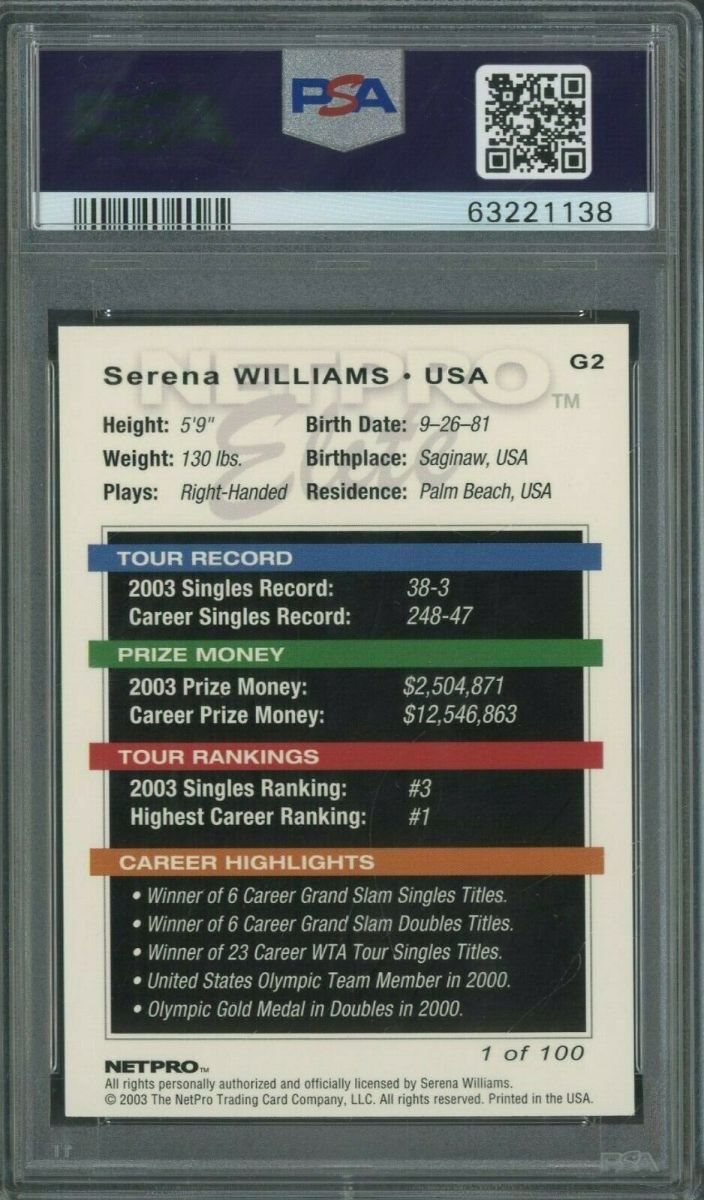 Back of 2003 Serena Williams Netpro Elite rookie card.