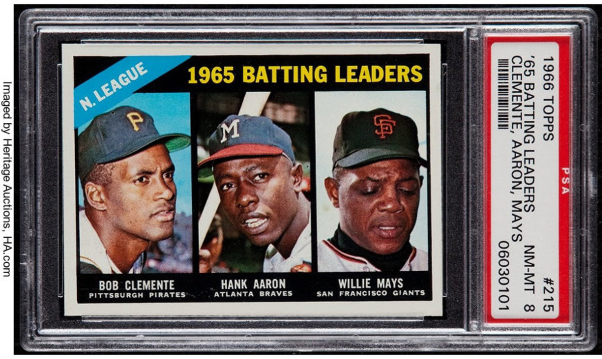 1965 Topps Batting Leaders card featuring Roberto Clemente, Hank Aaron and Willie Mays.
