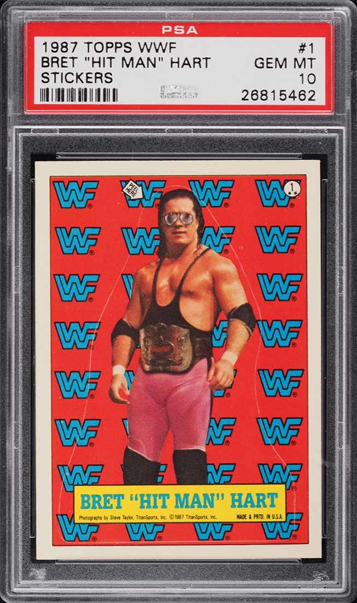 A 1987 Topps WWF Bret "Hit Man" Hart Stickers card.