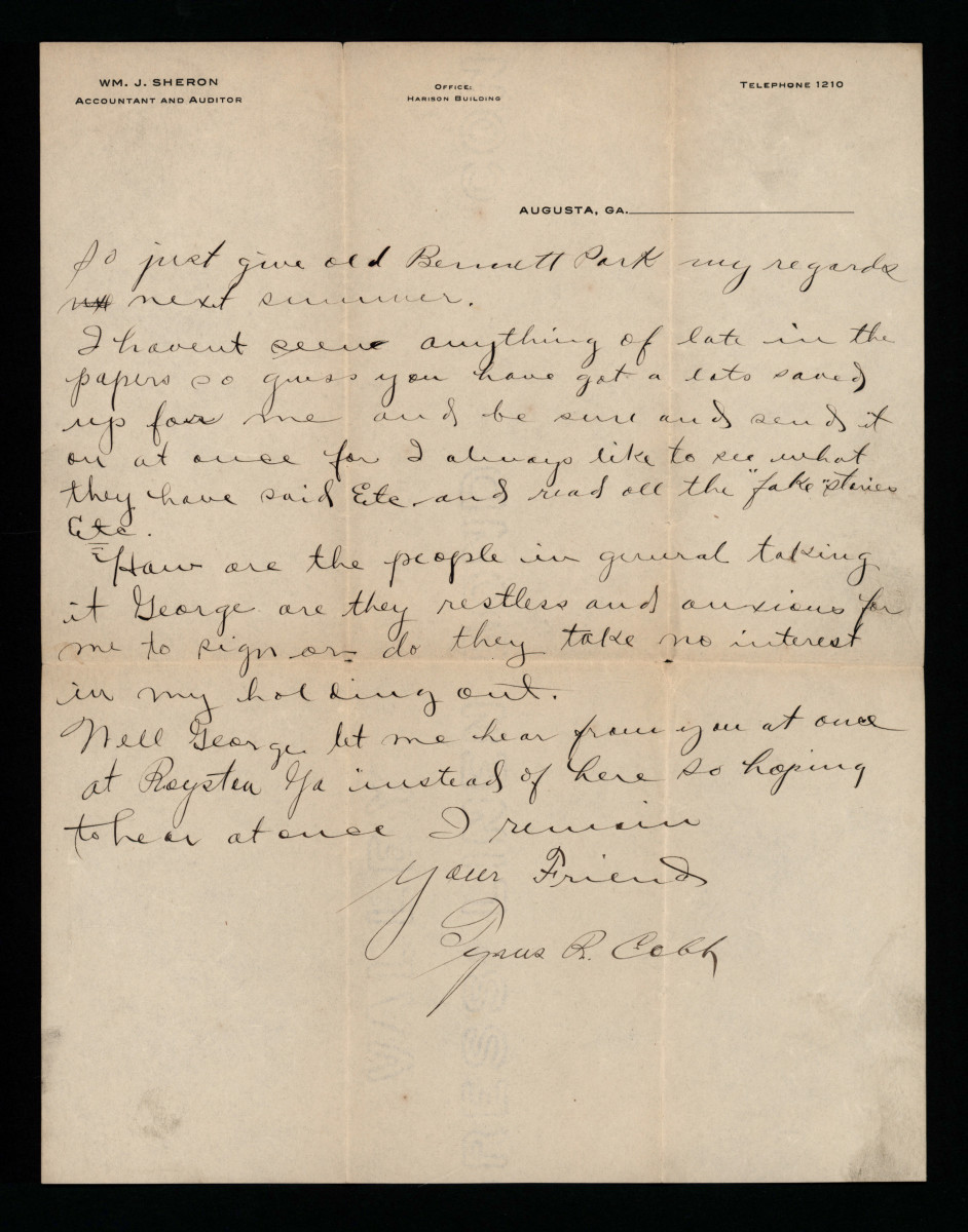 A 1913 letter from Ty Cobb regarding his contract holdout.