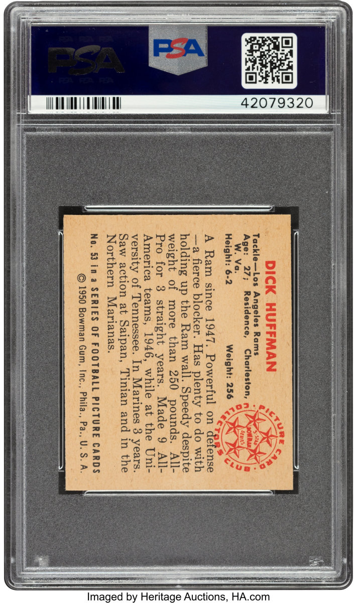 Back of 1950 Bowman Football card of Dick Huffman.
