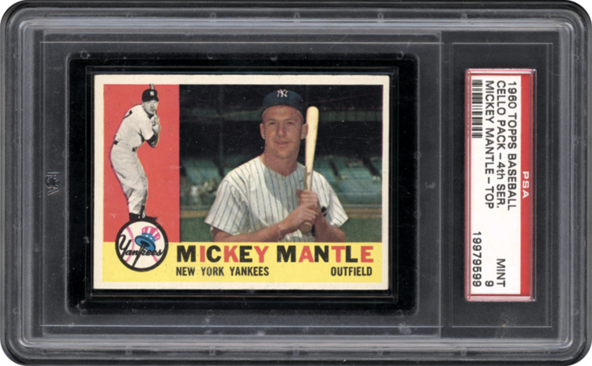 1960 Topps Baseball cello pack featuring Mickey Mantle on top.