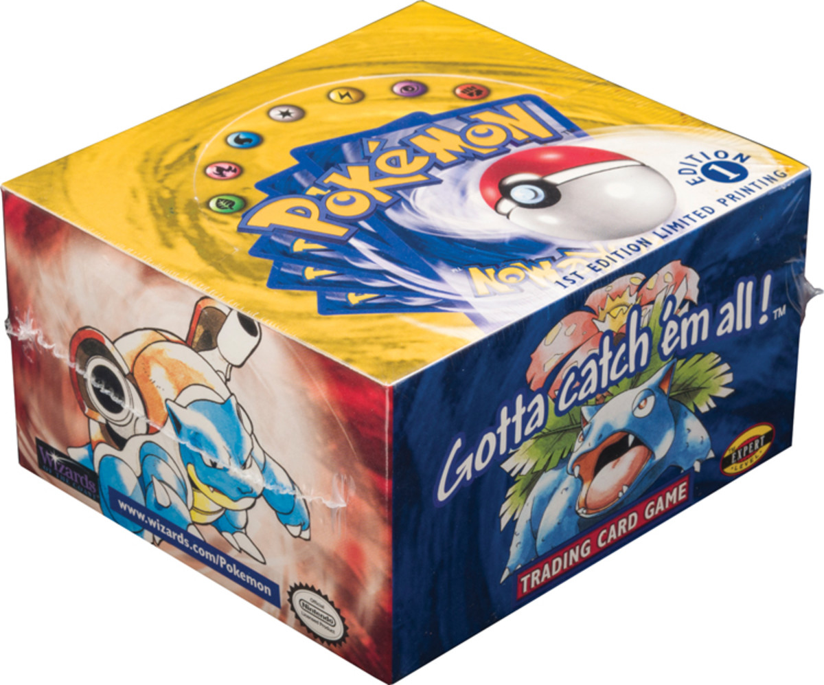 A 1999 Pokémon Game Base Set Factory-Sealed 1st Edition Booster box issued by Wizards of the Coast.
