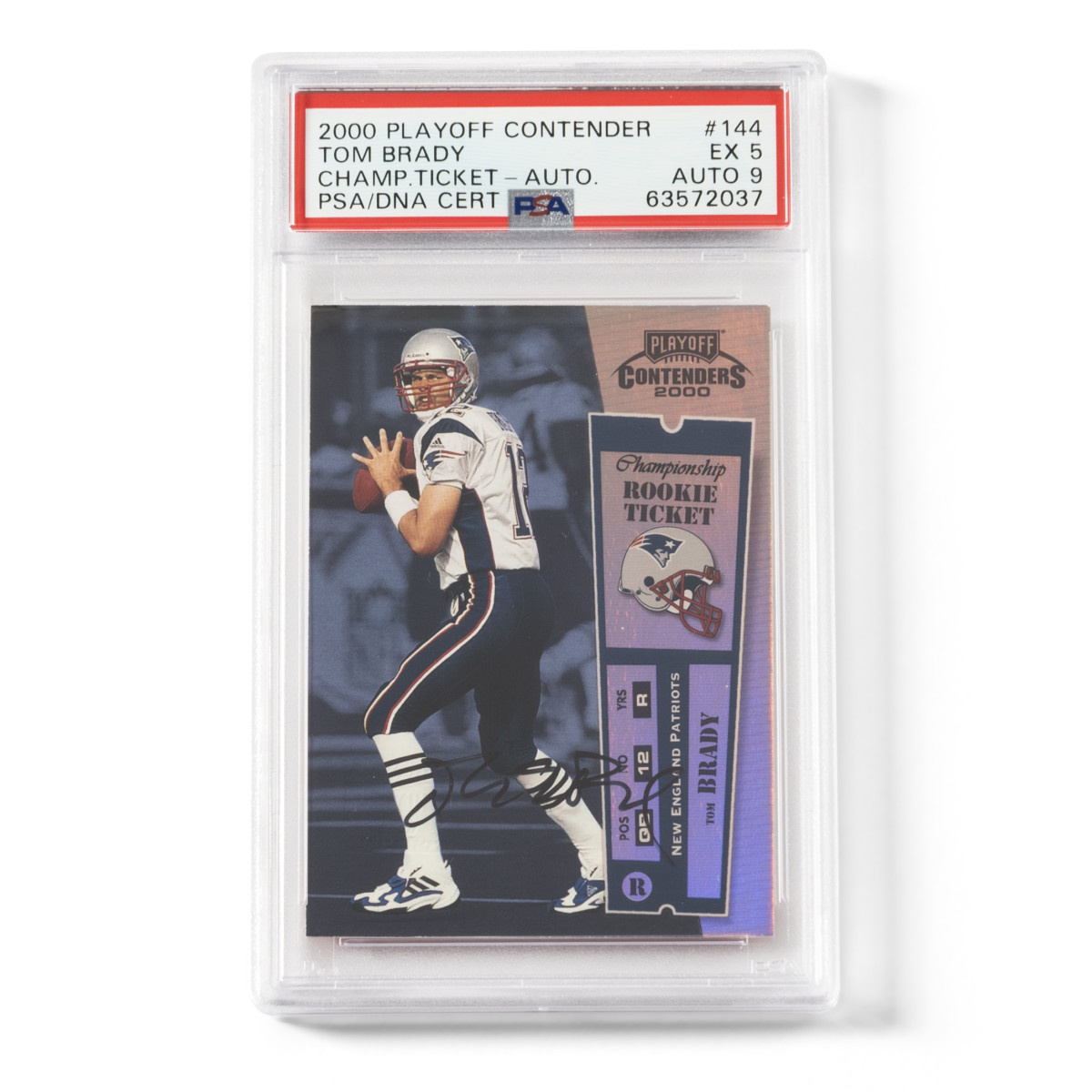 A 2000 Playoff Contenders Tom Brady Championship Ticket Auto card at Skinner Auctioneers.