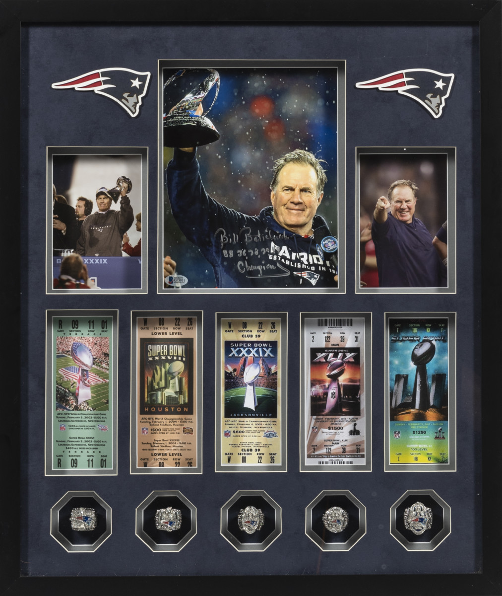 A signed Bill Belichick photo and display at Skinner Auctioneers.