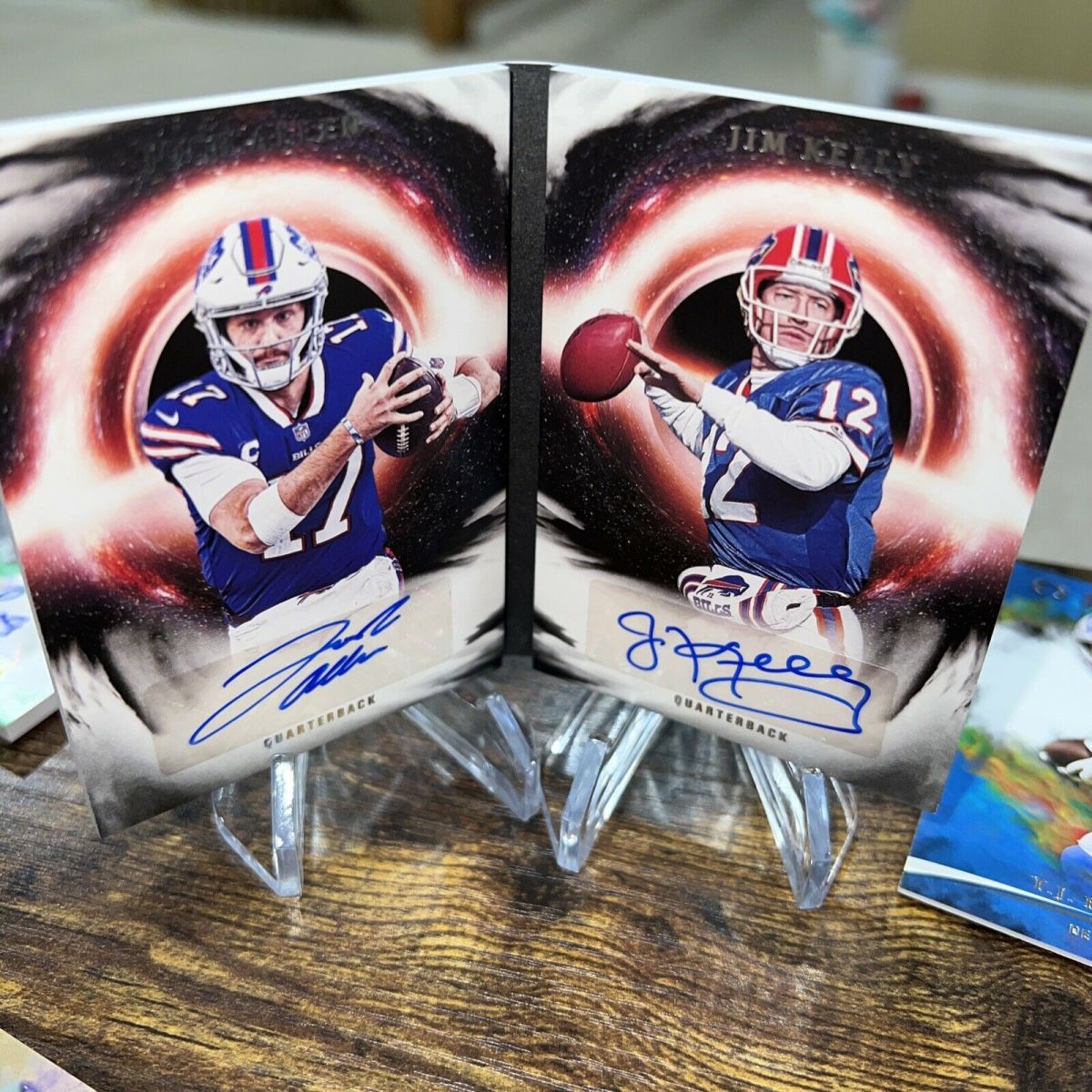2021 Panini Origins of Greatness booklet-style auto card featuring Bills stars Josh Allen and Jim Kelly.